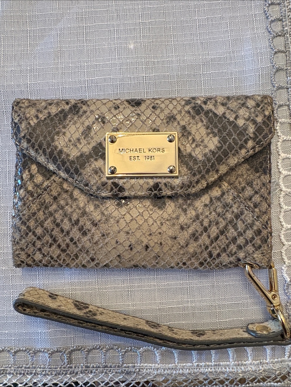 Michael Kors Snake-Print Wristlet Clutch in Taupe